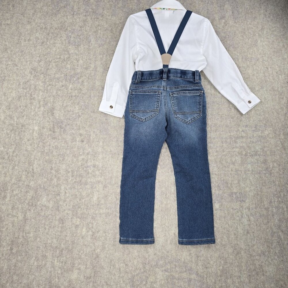 Cat & Jack Boys 4T White Shirt Denim Overalls Floral Bowtie Outfit - Picture 2 of 10